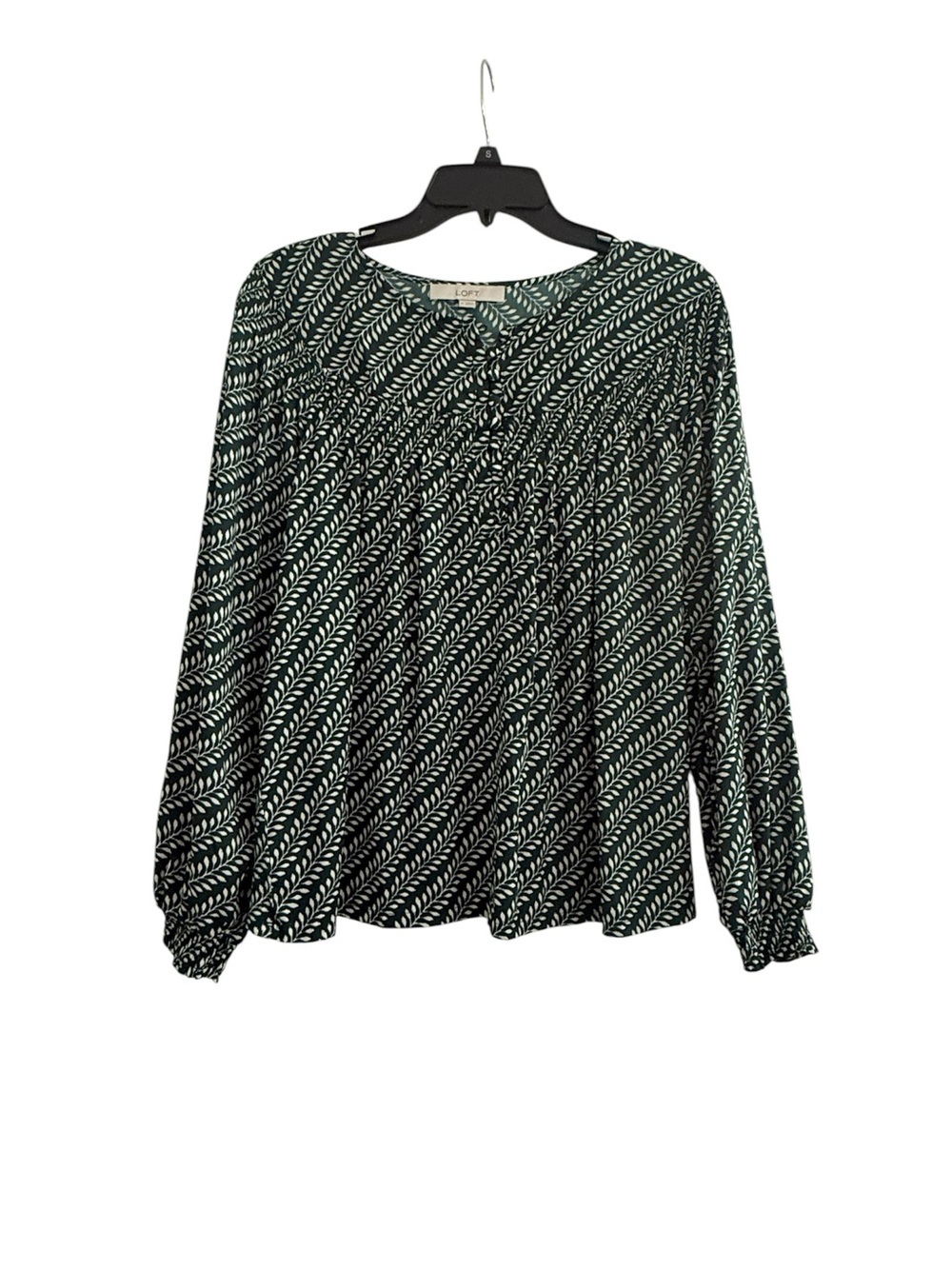 LOFT Green and White Leaf-Pattern Long Sleeve Blouse